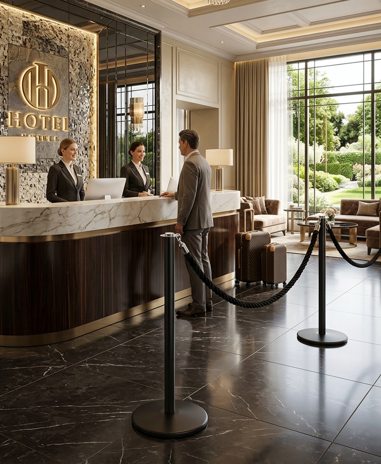 Eleganti colonnine con corda Polibar modello Classic-C delimitano la zona accoglienza di un albergo