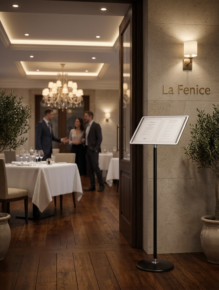 Un espositore per menù posizionato all'ingresso del ristorante dell'albergo comunica il menù